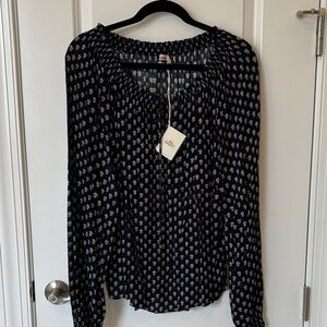 Faherty Navy Long-Sleeve Printed Peasant Blouse